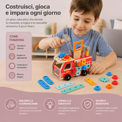 Cassetta degli Attrezzi e Set da Costruzione Montessori in Legno dei Vigili del Fuoco