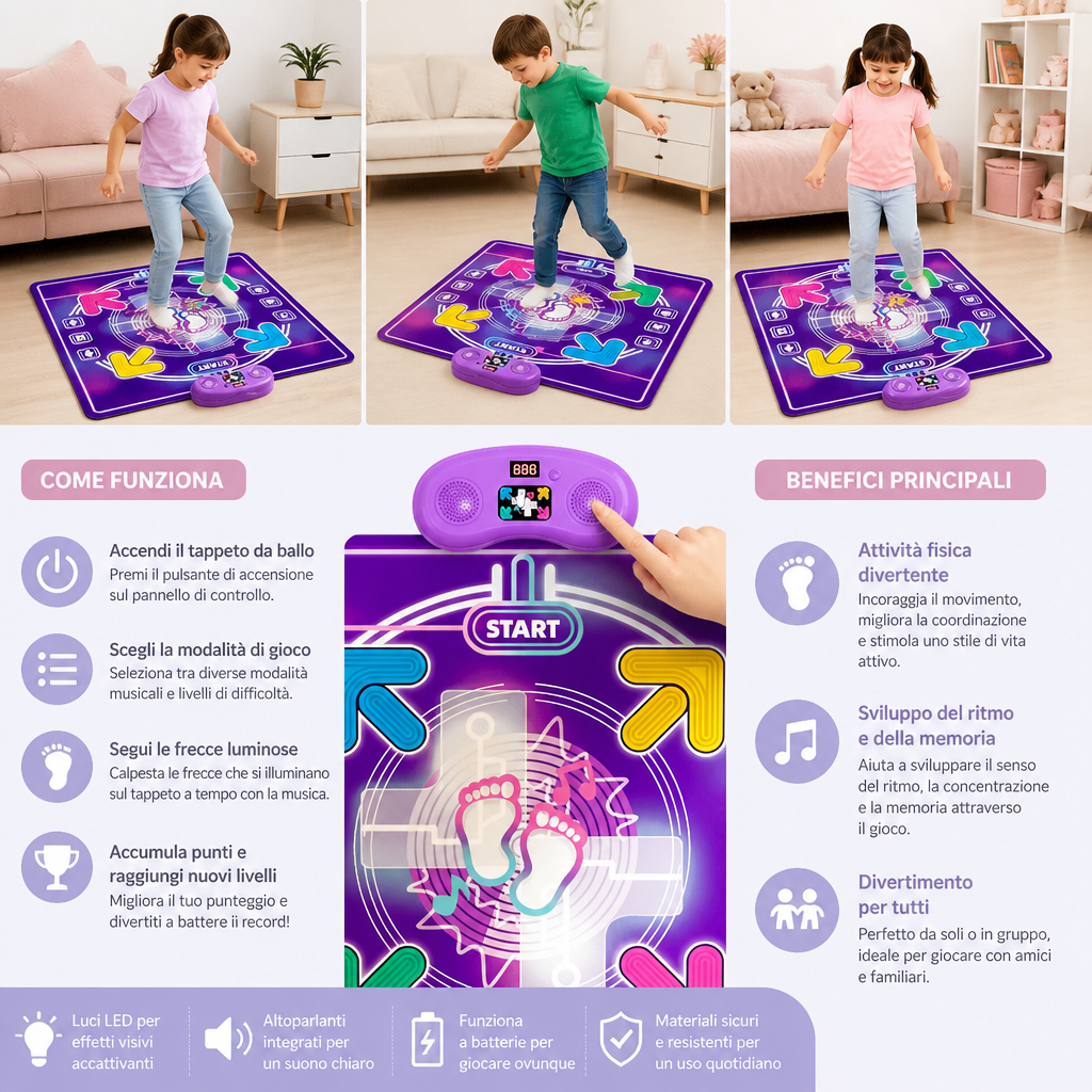Tappeto da ballo musicale interattivo con luci LED per bambini