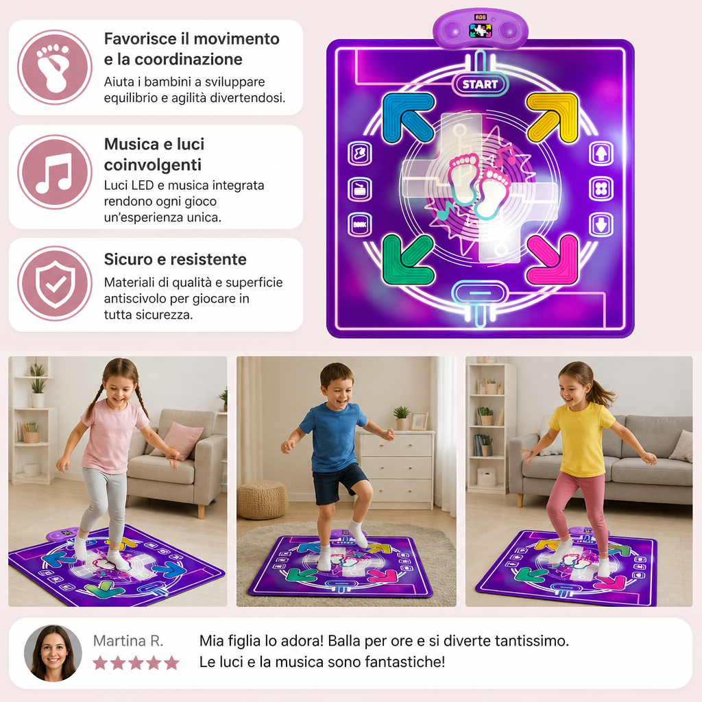 Tappeto da ballo musicale interattivo con luci LED per bambini