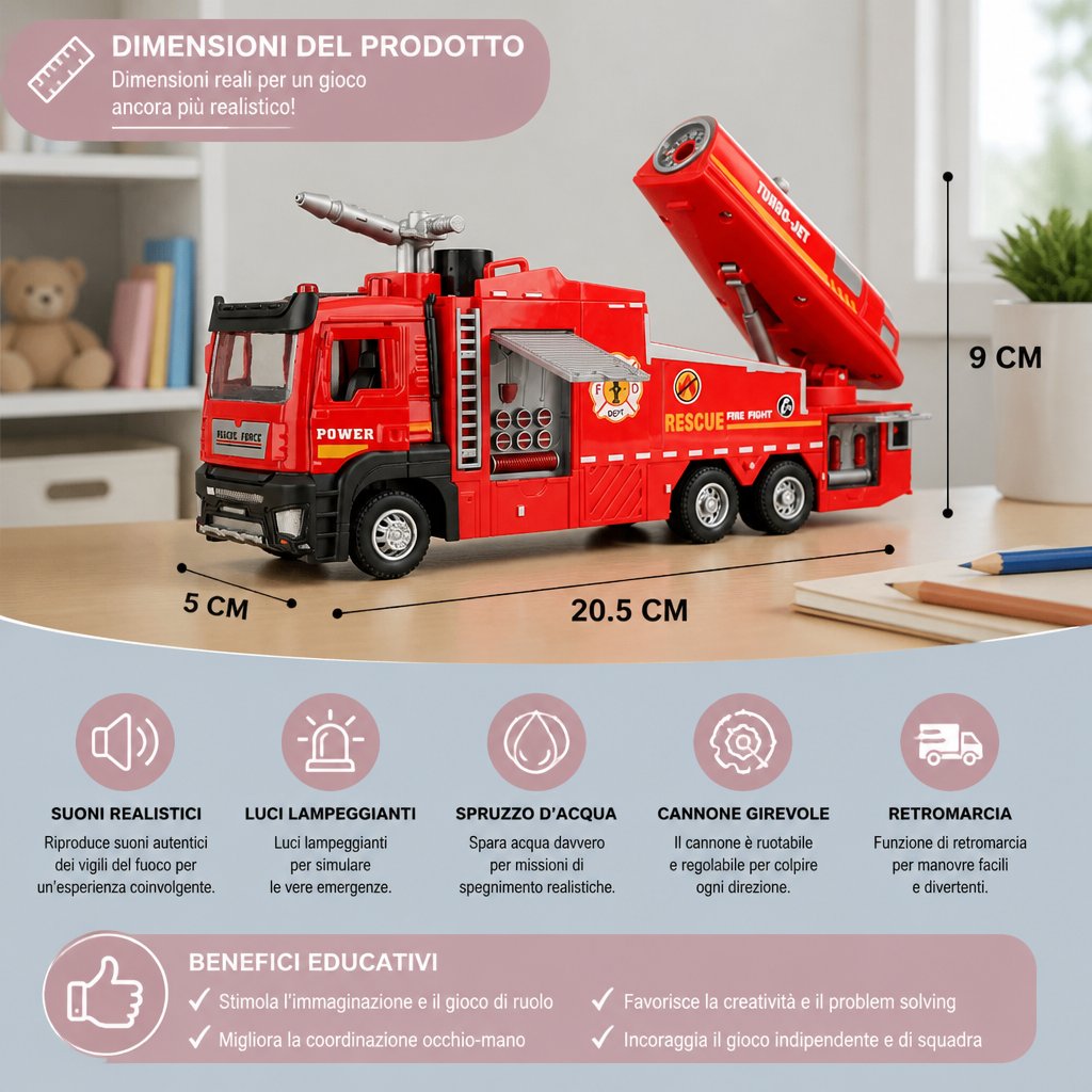 Giocattolo Camion dei Pompieri con Retromarcia, Spruzzo d’Acqua, Luci e Suoni