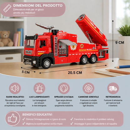 Giocattolo Camion dei Pompieri con Retromarcia, Spruzzo d’Acqua, Luci e Suoni
