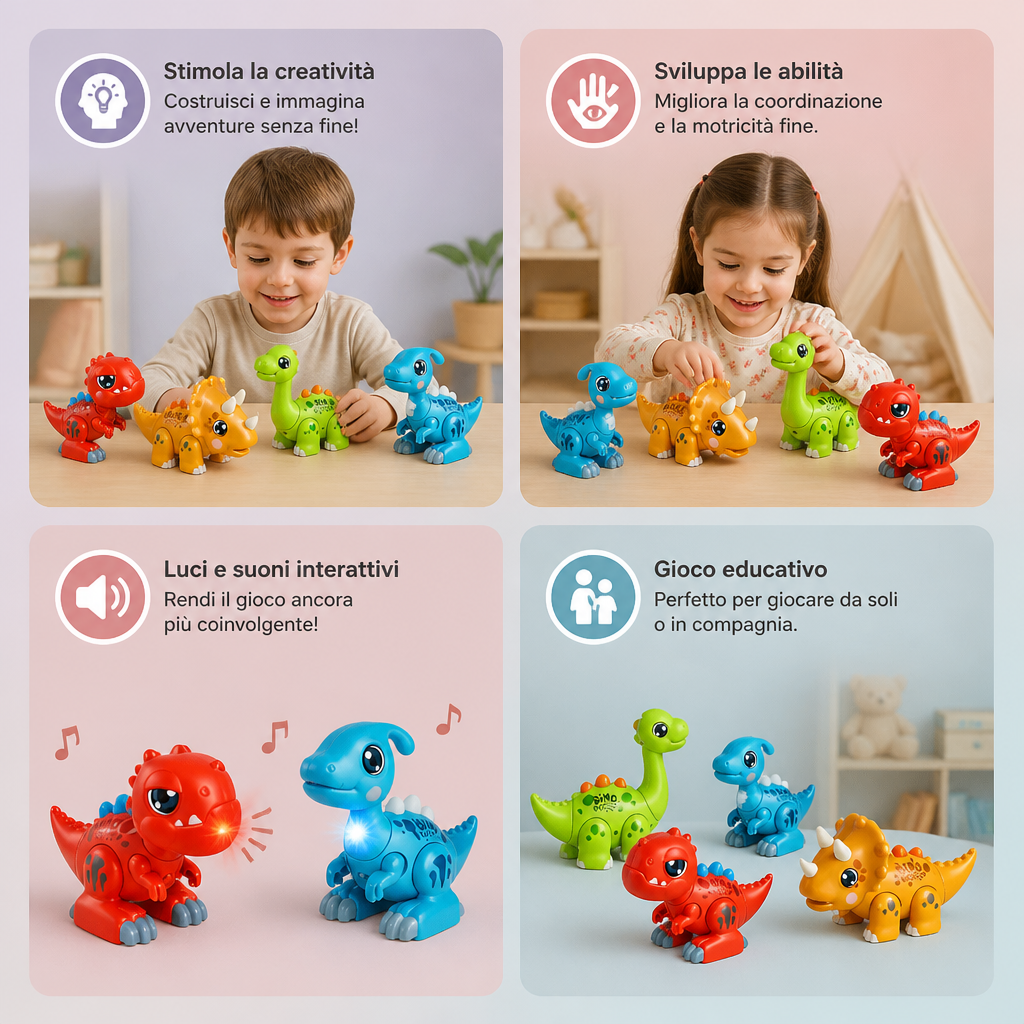 Giocattolo STEM Educativo a Tema Dinosauri di Facile Montaggio con Luci e Suoni