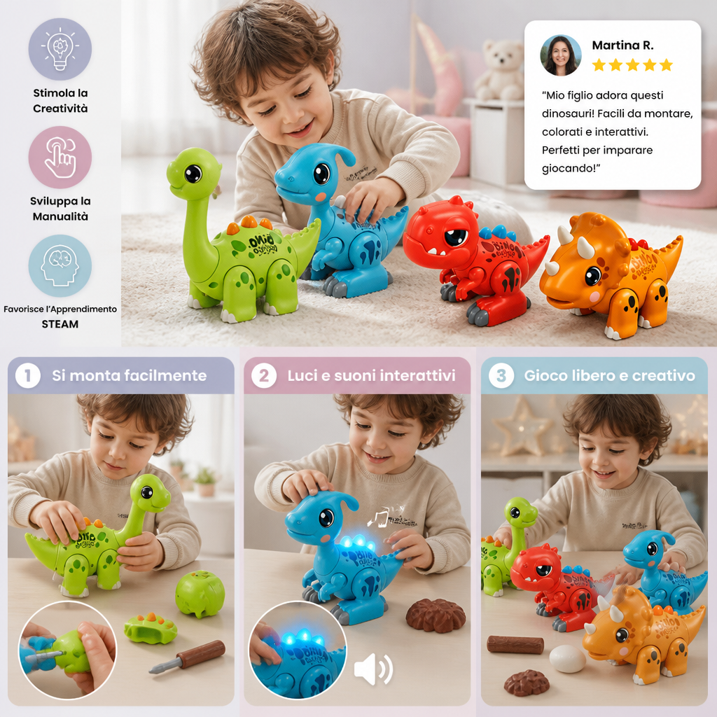 Giocattolo STEM Educativo a Tema Dinosauri di Facile Montaggio con Luci e Suoni
