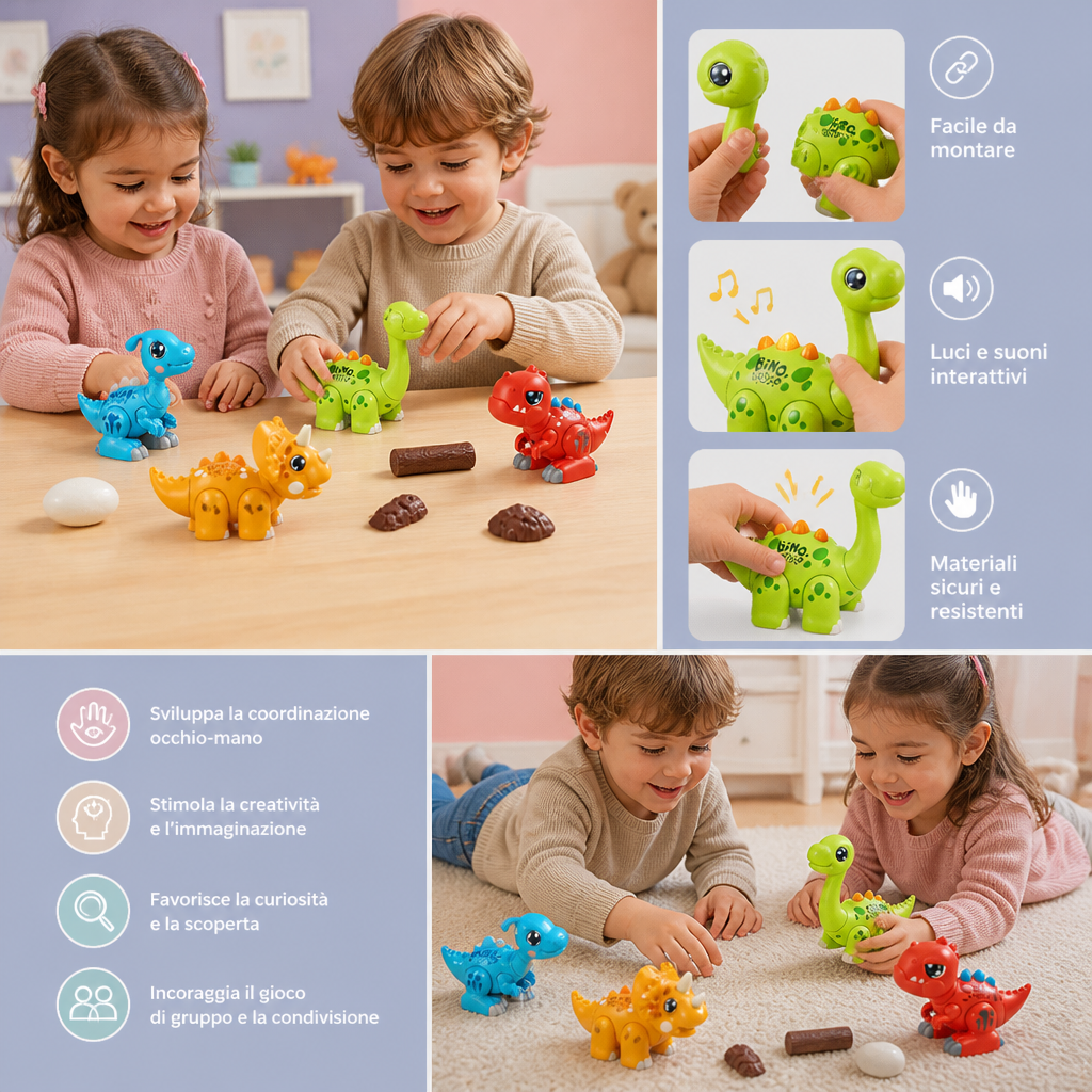 Giocattolo STEM Educativo a Tema Dinosauri di Facile Montaggio con Luci e Suoni