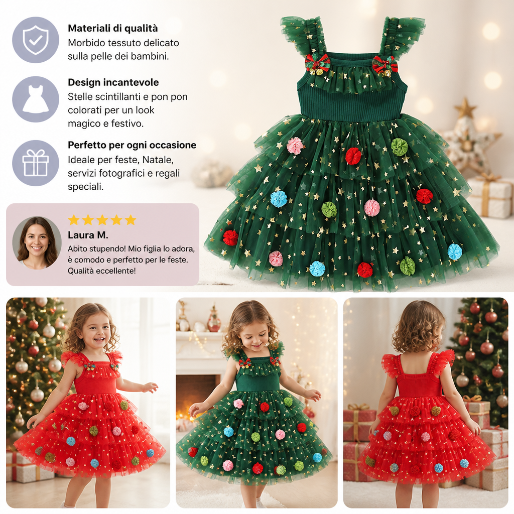 Vestito Tutù Natalizio per Bambina con Pon Pon, Stelle di Paillettes e Maniche con Volant