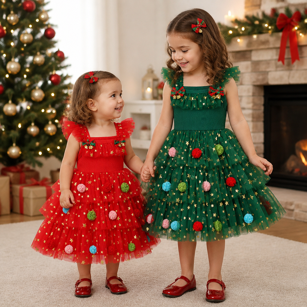Vestito Tutù Natalizio per Bambina con Pon Pon, Stelle di Paillettes e Maniche con Volant