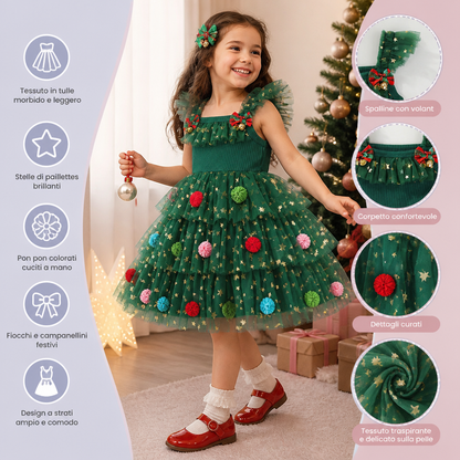 Vestito Tutù Natalizio per Bambina con Pon Pon, Stelle di Paillettes e Maniche con Volant