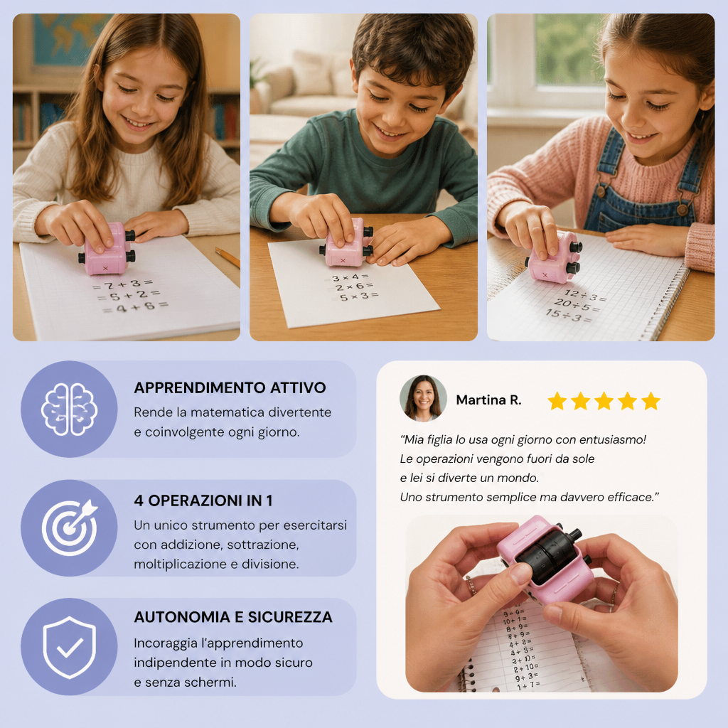 Timbro a Rullo Matematico 4-in-1 – Esercizi di Addizione, Sottrazione, Moltiplicazione e Divisione