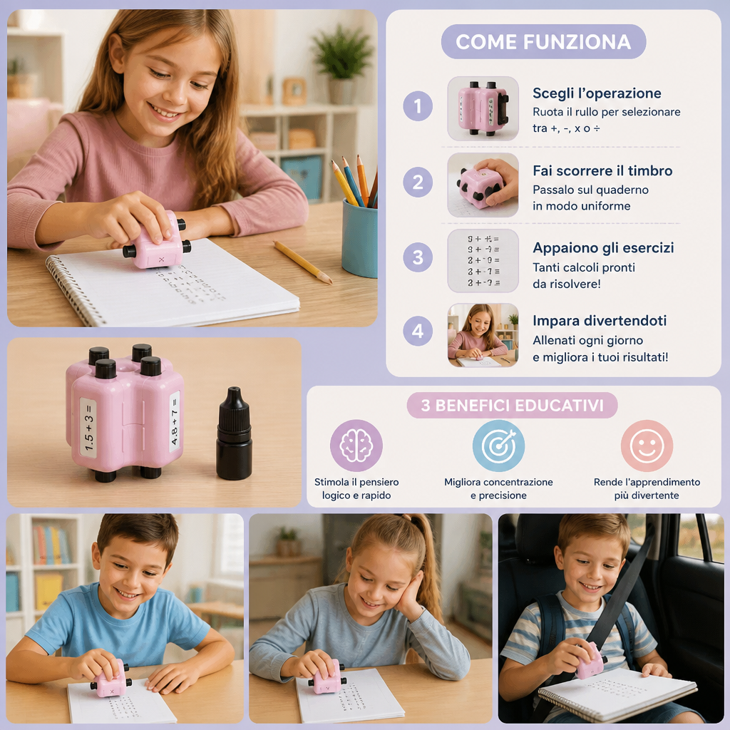 Timbro a Rullo Matematico 4-in-1 – Esercizi di Addizione, Sottrazione, Moltiplicazione e Divisione