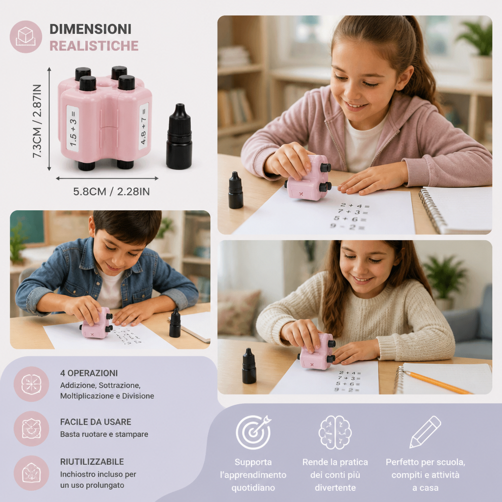 Timbro a Rullo Matematico 4-in-1 – Esercizi di Addizione, Sottrazione, Moltiplicazione e Divisione