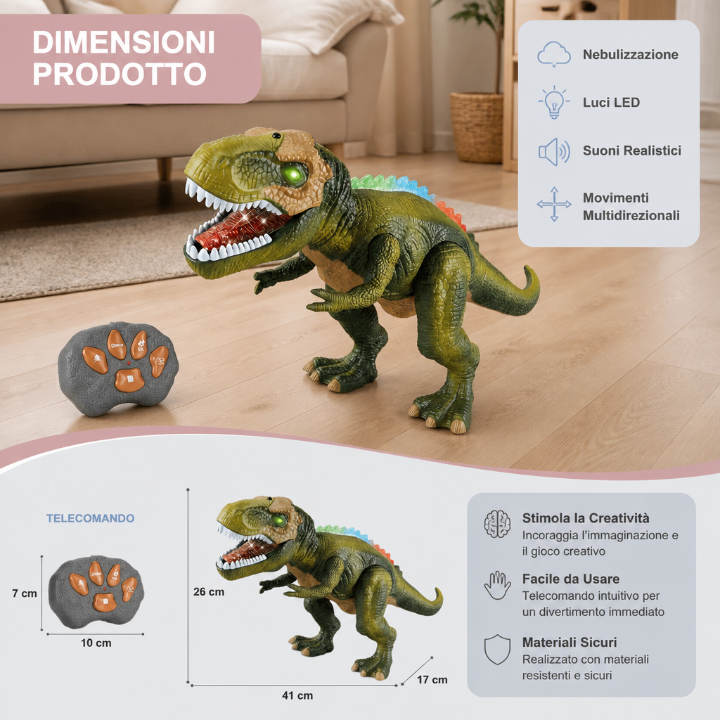 T-Rex Telecomandato Camminante – Dinosauro RC con Nebulizzazione, Luci e Suoni