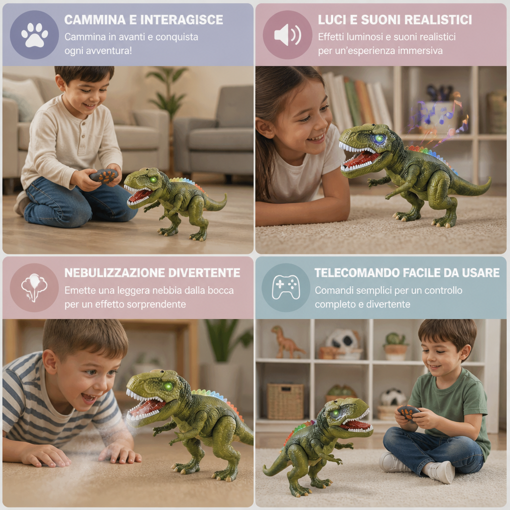 T-Rex Telecomandato Camminante – Dinosauro RC con Nebulizzazione, Luci e Suoni