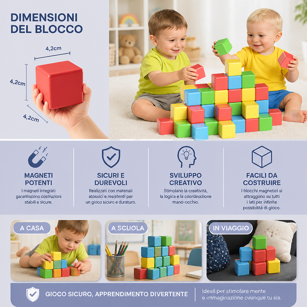 Cubetti magnetici da costruzione sicuri per bambini di 4,2 cm – Blocchi STEM per l’apprendimento