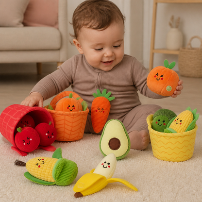 Morbido Gioco Educativo di Frutta e Verdura per Neonati – Set da 4 Pezzi per Imparare i Colori con Sonaglio ed Effetto Frusciante
