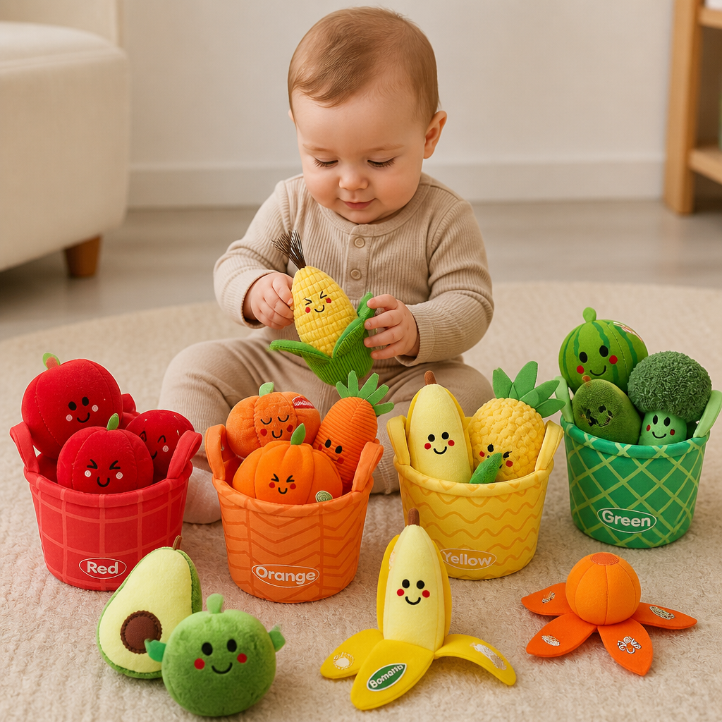 Morbido Gioco Educativo di Frutta e Verdura per Neonati – Set da 4 Pezzi per Imparare i Colori con Sonaglio ed Effetto Frusciante