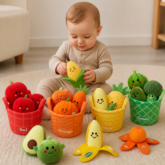 Morbido Gioco Educativo di Frutta e Verdura per Neonati – Set da 4 Pezzi per Imparare i Colori con Sonaglio ed Effetto Frusciante