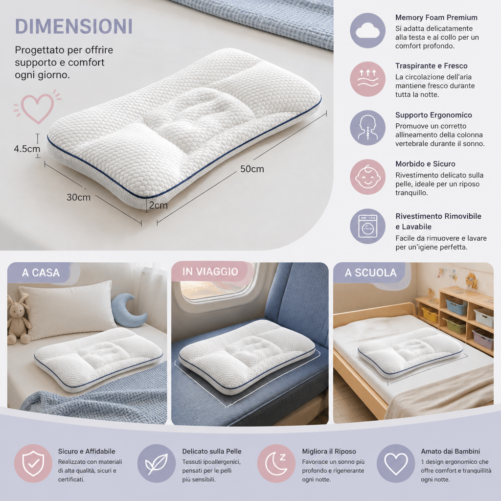 Cuscino Ergonomico per il Collo in Memory Foam per Bambini
