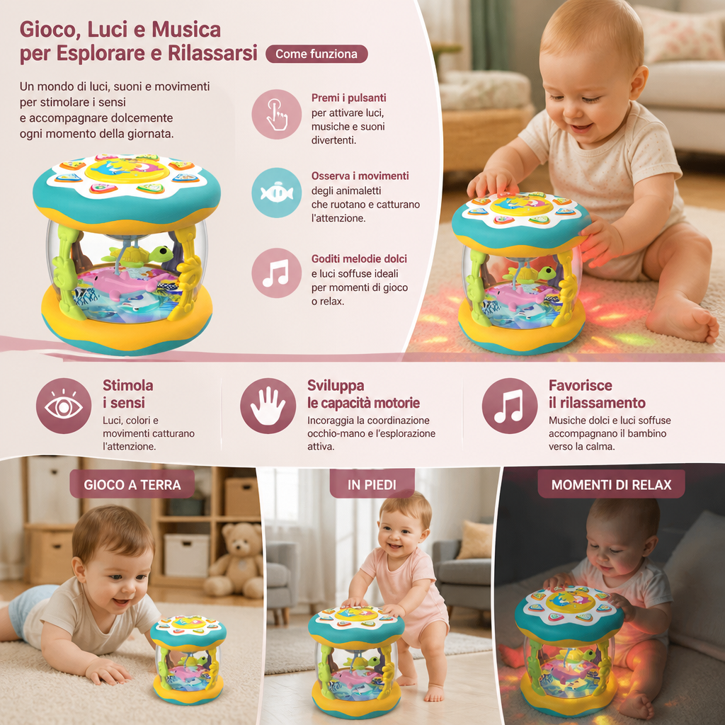 Giocattolo Musicale Interattivo con Luci – Gioco Sensoriale Montessori e Ninna Nanna Rilassante