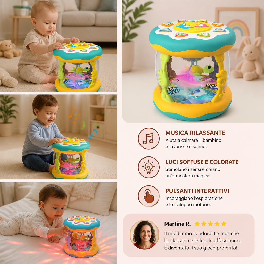 Giocattolo Musicale Interattivo con Luci – Gioco Sensoriale Montessori e Ninna Nanna Rilassante