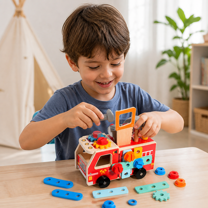 Cassetta degli Attrezzi e Set da Costruzione Montessori in Legno dei Vigili del Fuoco