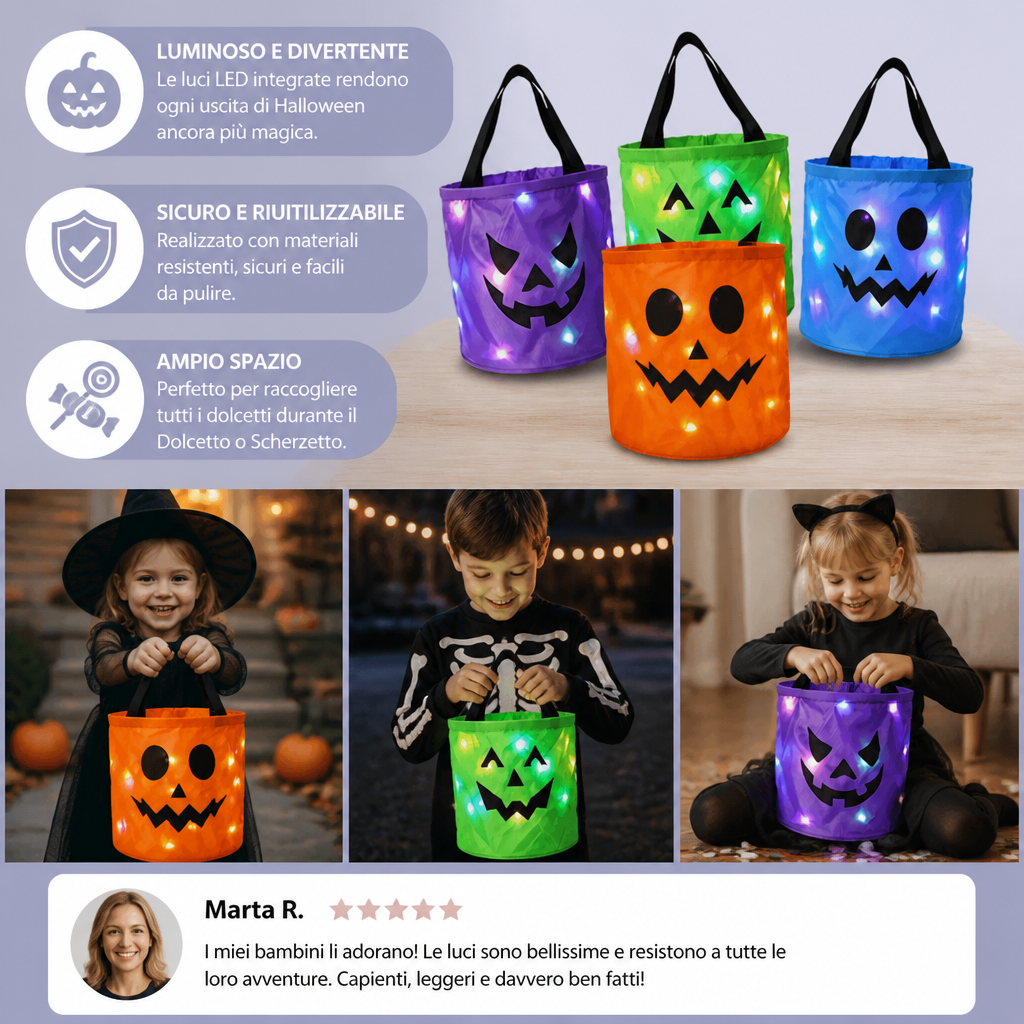 Secchiello LED per Dolcetti di Halloween per il Dolcetto o Scherzetto – Borsa Luminosa Riutilizzabile