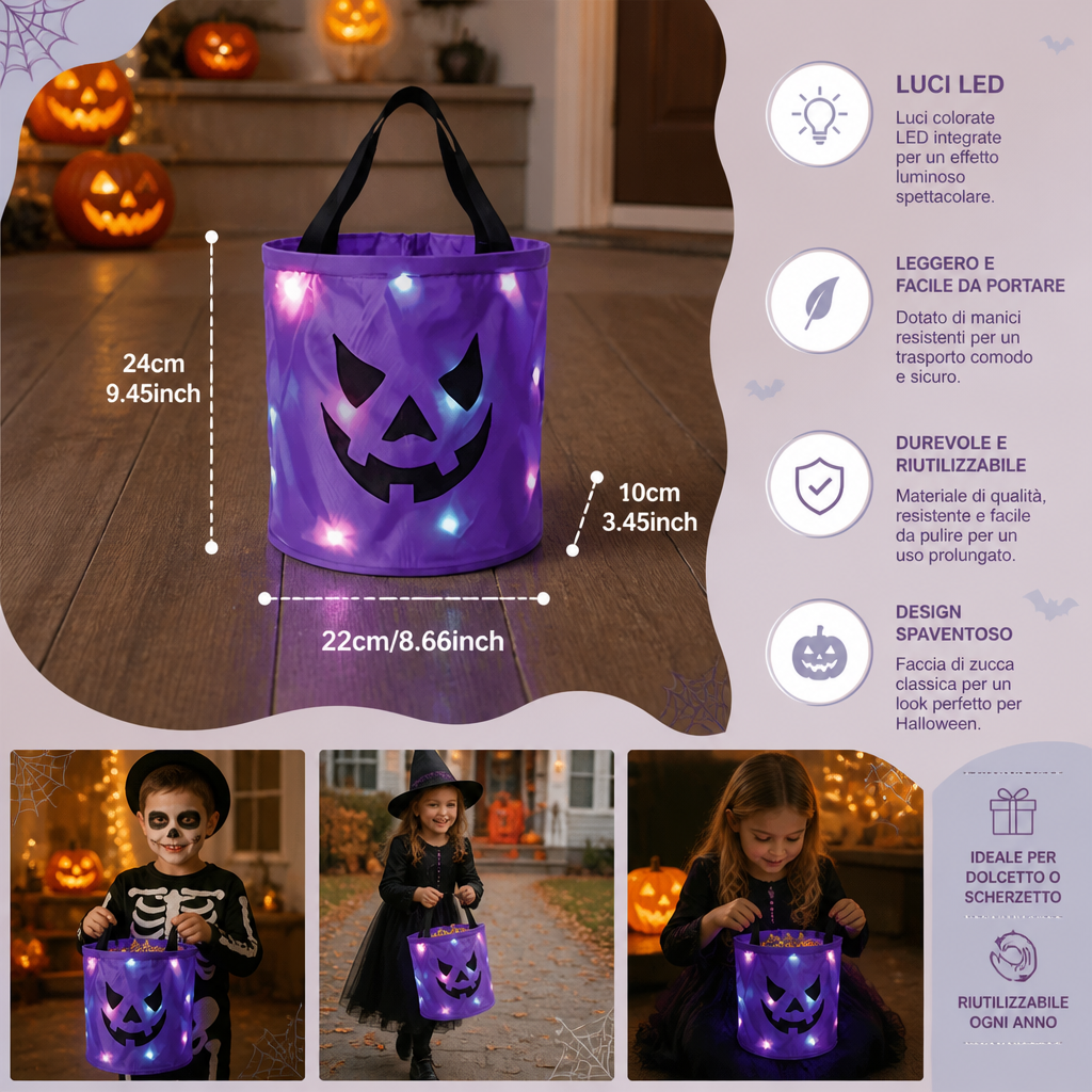 Secchiello LED per Dolcetti di Halloween per il Dolcetto o Scherzetto – Borsa Luminosa Riutilizzabile