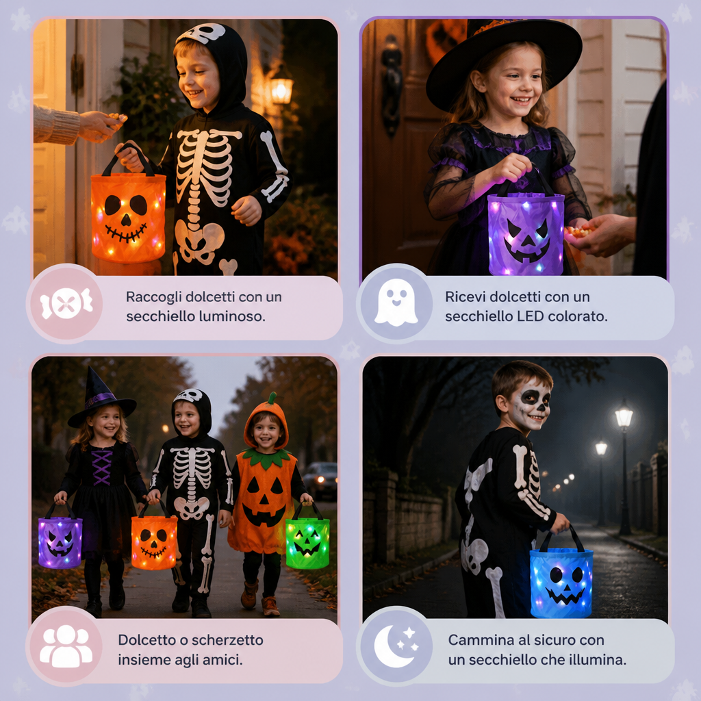 Secchiello LED per Dolcetti di Halloween per il Dolcetto o Scherzetto – Borsa Luminosa Riutilizzabile