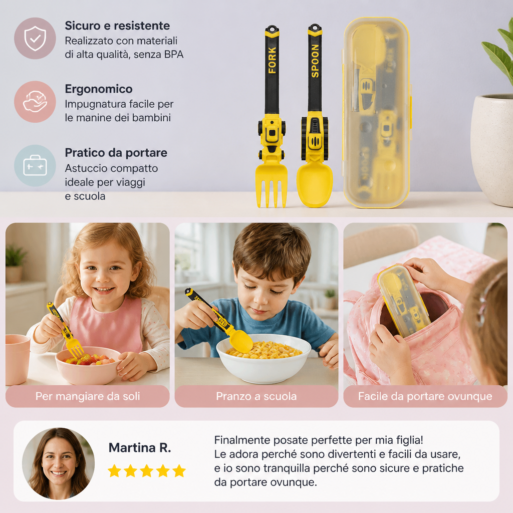 Set di Posate per Bambini da 3 Pezzi con Design di Veicoli da Cantiere, Cucchiaio, Forchetta e Astuccio da Viaggio