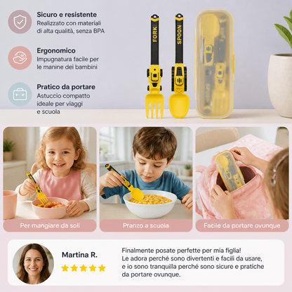 Set di Posate per Bambini da 3 Pezzi con Design di Veicoli da Cantiere, Cucchiaio, Forchetta e Astuccio da Viaggio