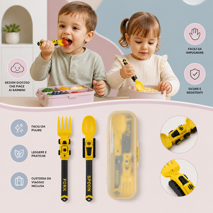 Set di Posate per Bambini da 3 Pezzi con Design di Veicoli da Cantiere, Cucchiaio, Forchetta e Astuccio da Viaggio
