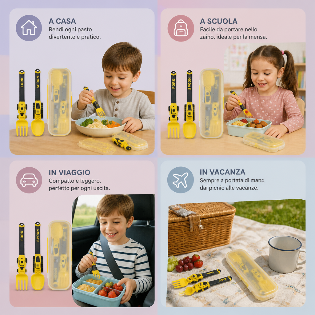 Set di Posate per Bambini da 3 Pezzi con Design di Veicoli da Cantiere, Cucchiaio, Forchetta e Astuccio da Viaggio