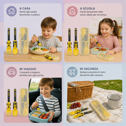 Set di Posate per Bambini da 3 Pezzi con Design di Veicoli da Cantiere, Cucchiaio, Forchetta e Astuccio da Viaggio