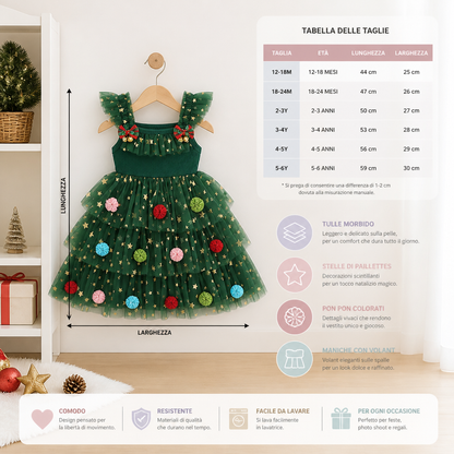 Vestito Tutù Natalizio per Bambina con Pon Pon, Stelle di Paillettes e Maniche con Volant