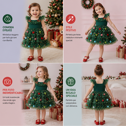 Vestito Tutù Natalizio per Bambina con Pon Pon, Stelle di Paillettes e Maniche con Volant