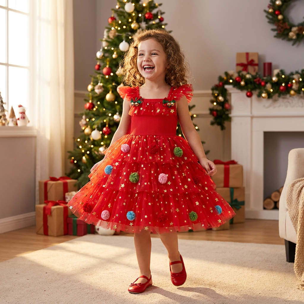 Vestito Tutù Natalizio per Bambina con Pon Pon, Stelle di Paillettes e Maniche con Volant