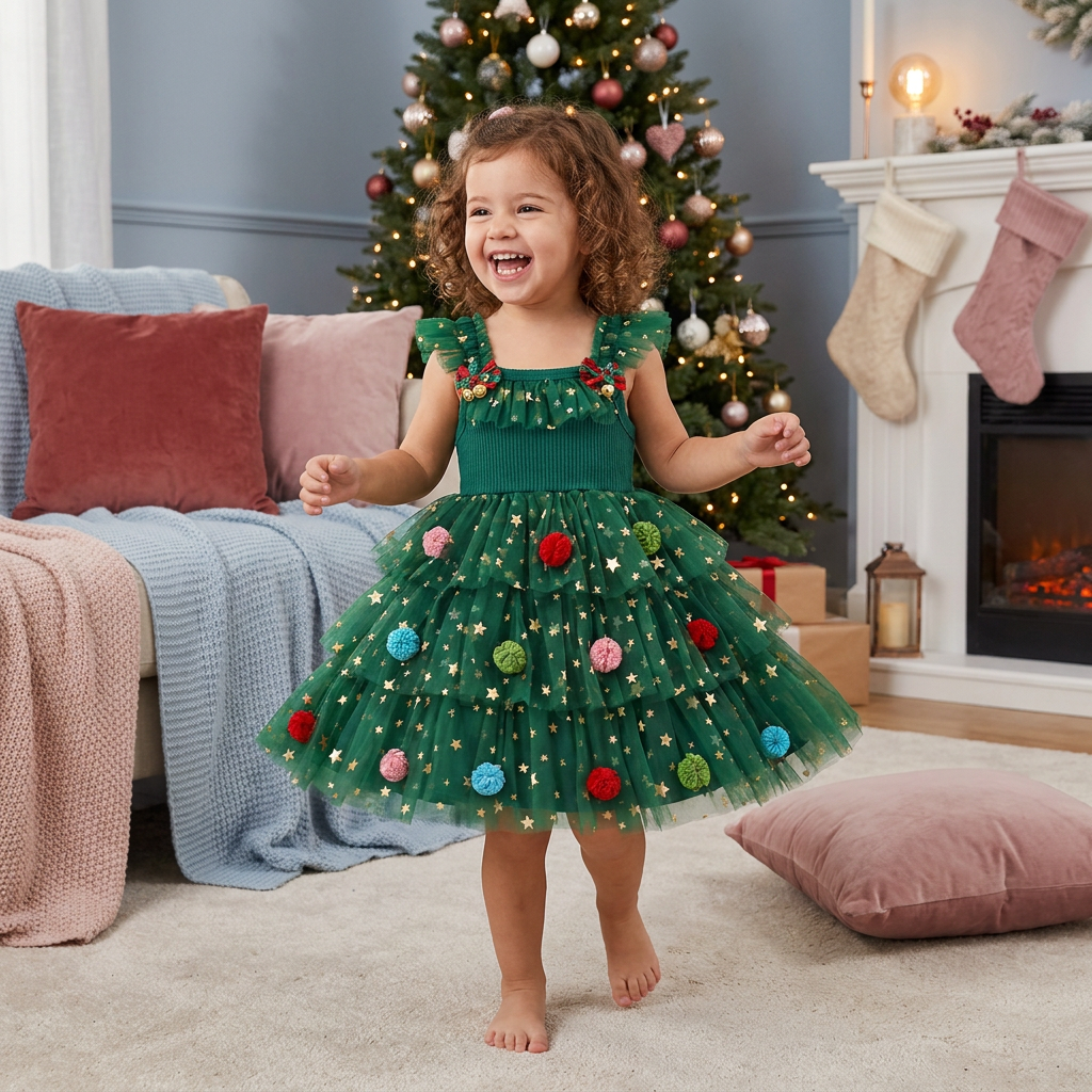 Vestito Tutù Natalizio per Bambina con Pon Pon, Stelle di Paillettes e Maniche con Volant