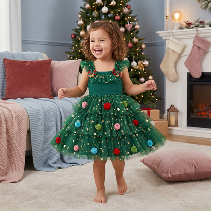 Vestito Tutù Natalizio per Bambina con Pon Pon, Stelle di Paillettes e Maniche con Volant