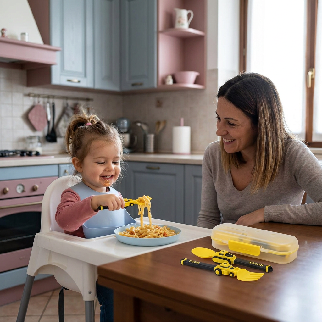 Set di Posate per Bambini da 3 Pezzi con Design di Veicoli da Cantiere, Cucchiaio, Forchetta e Astuccio da Viaggio