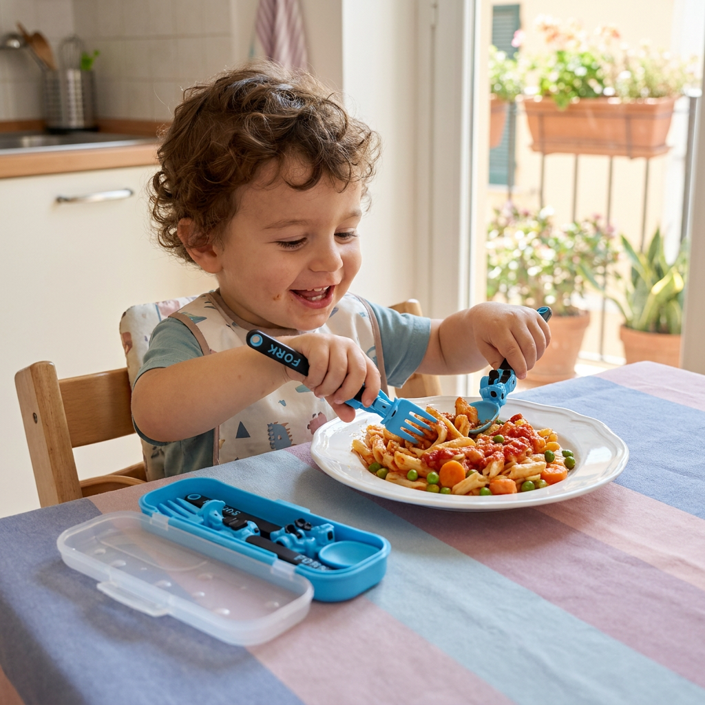 Set di Posate per Bambini da 3 Pezzi con Design di Veicoli da Cantiere, Cucchiaio, Forchetta e Astuccio da Viaggio