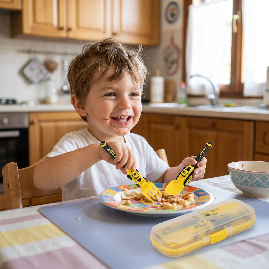 Set di Posate per Bambini da 3 Pezzi con Design di Veicoli da Cantiere, Cucchiaio, Forchetta e Astuccio da Viaggio