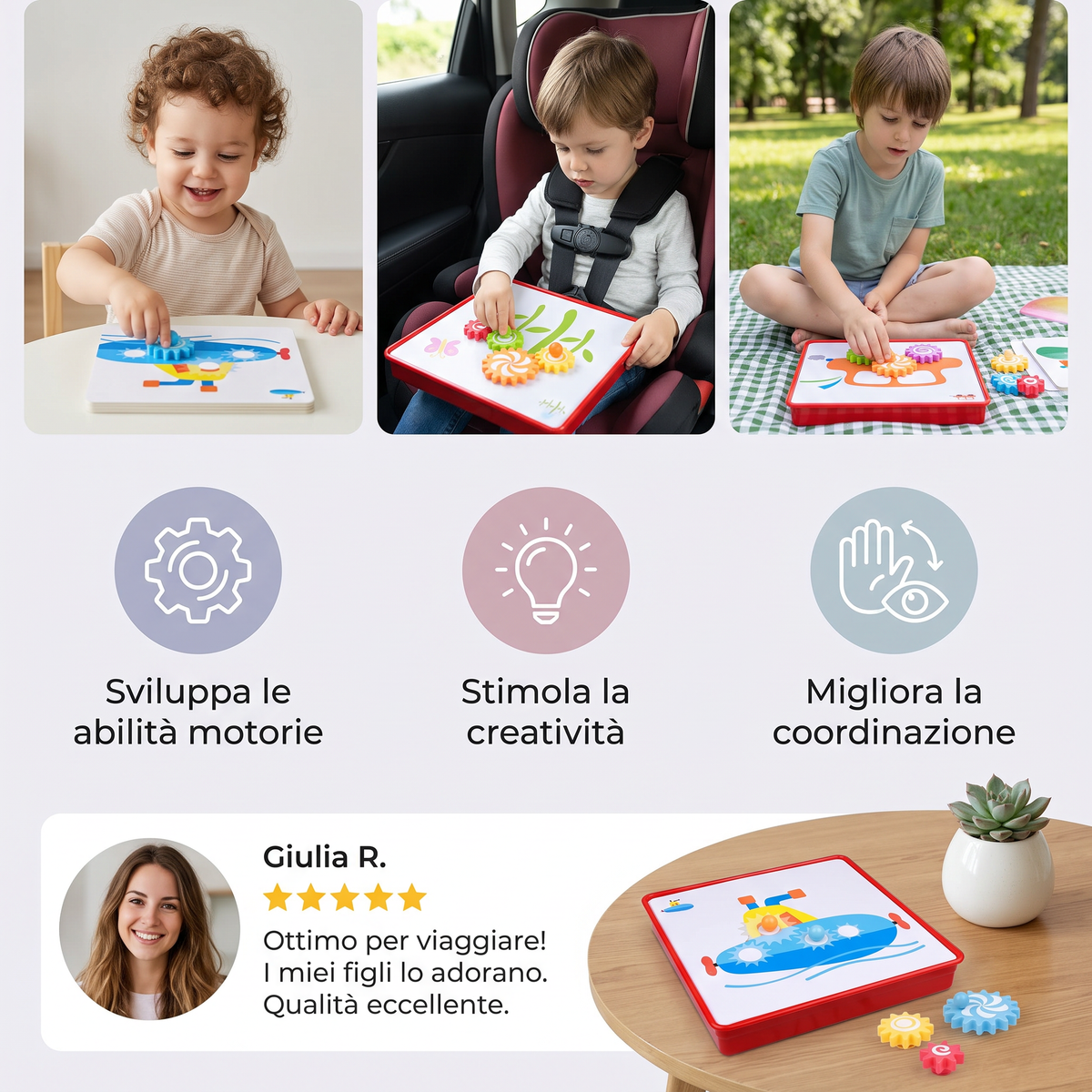 Scatola da Viaggio Creativa con Ingranaggi e Carte Attività per Bambini