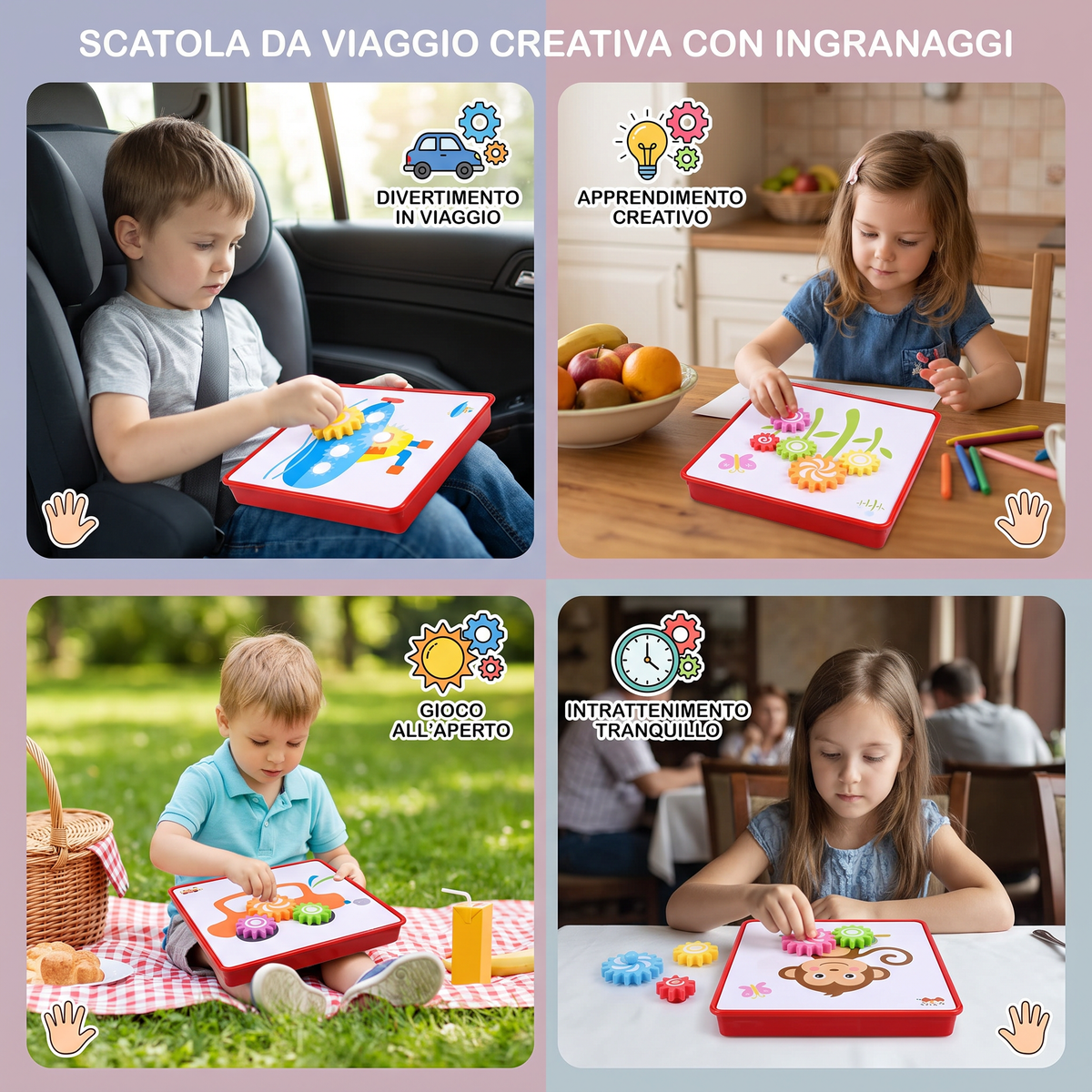 Scatola da Viaggio Creativa con Ingranaggi e Carte Attività per Bambini