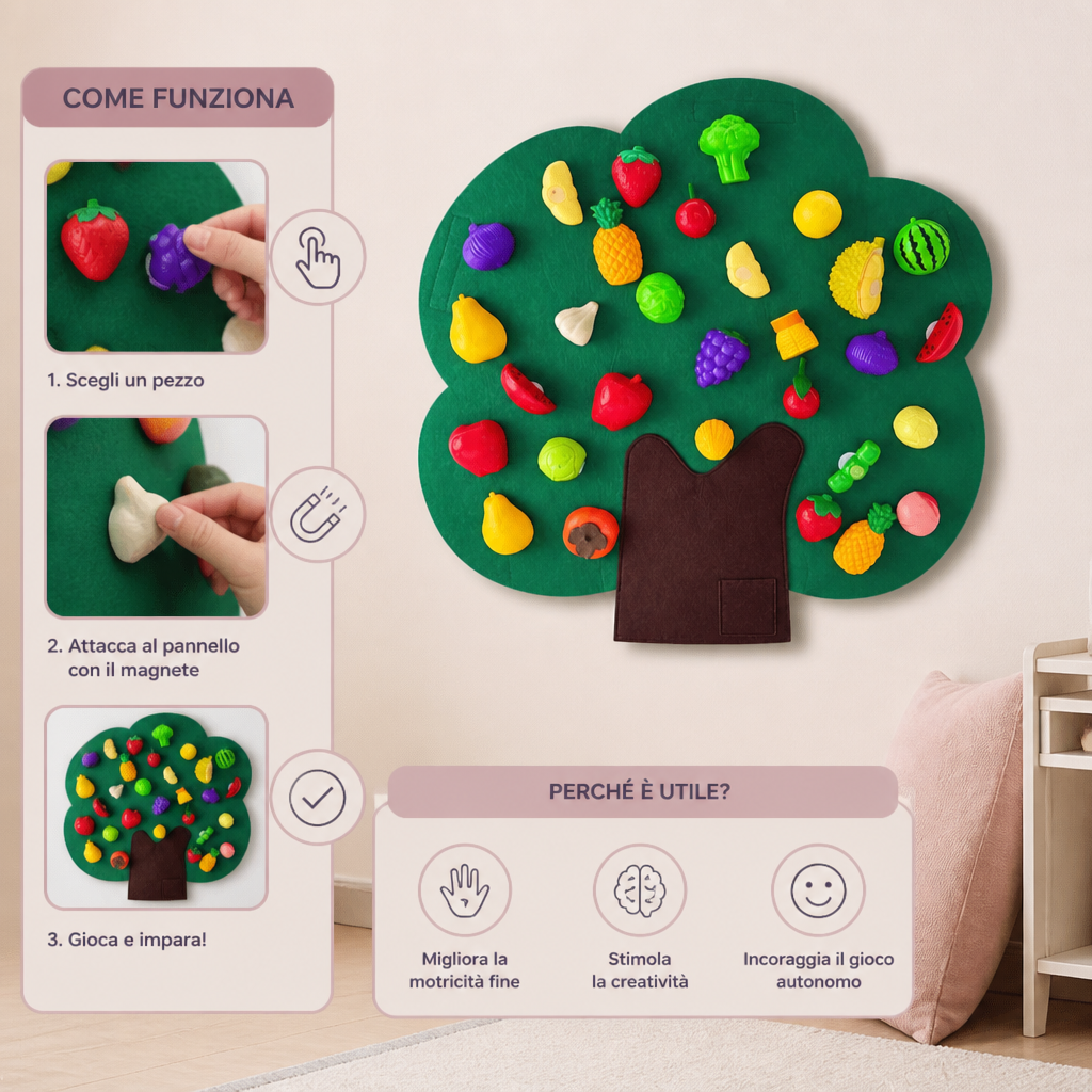 Pannello Sensoriale "Albero da Frutto" in Feltro – Giocattolo Educativo Montessori
