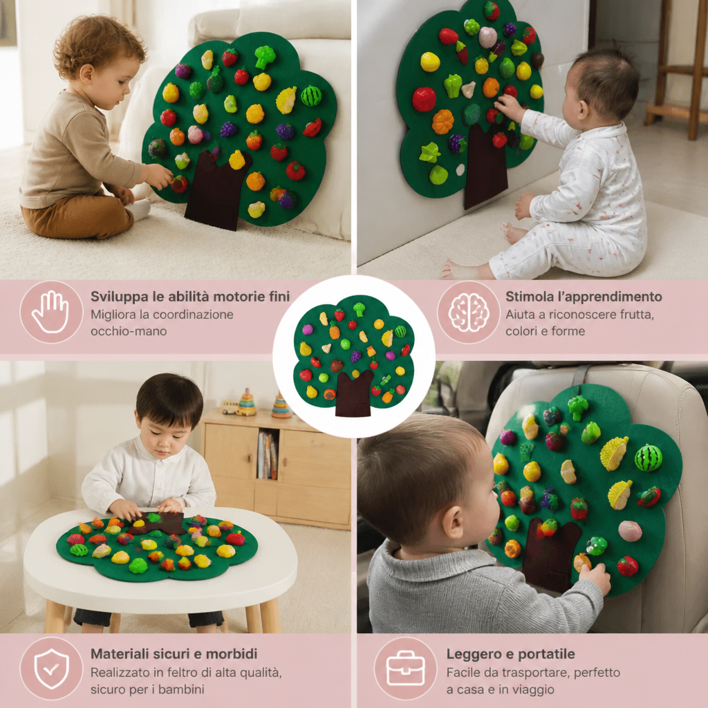 Pannello Sensoriale "Albero da Frutto" in Feltro – Giocattolo Educativo Montessori