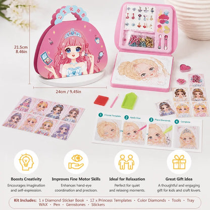 Kit creativo per bambine con libro di Diamond Painting e Foil Art da principessa