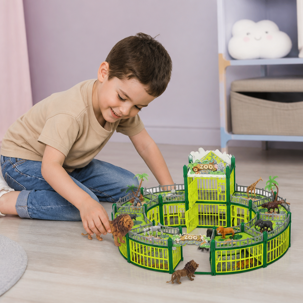 Set da Gioco Modulare per Costruire il Proprio Zoo con Figure di Animali e Gabbie Interattive