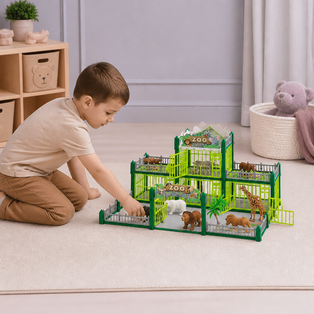 Set da Gioco Modulare per Costruire il Proprio Zoo con Figure di Animali e Gabbie Interattive