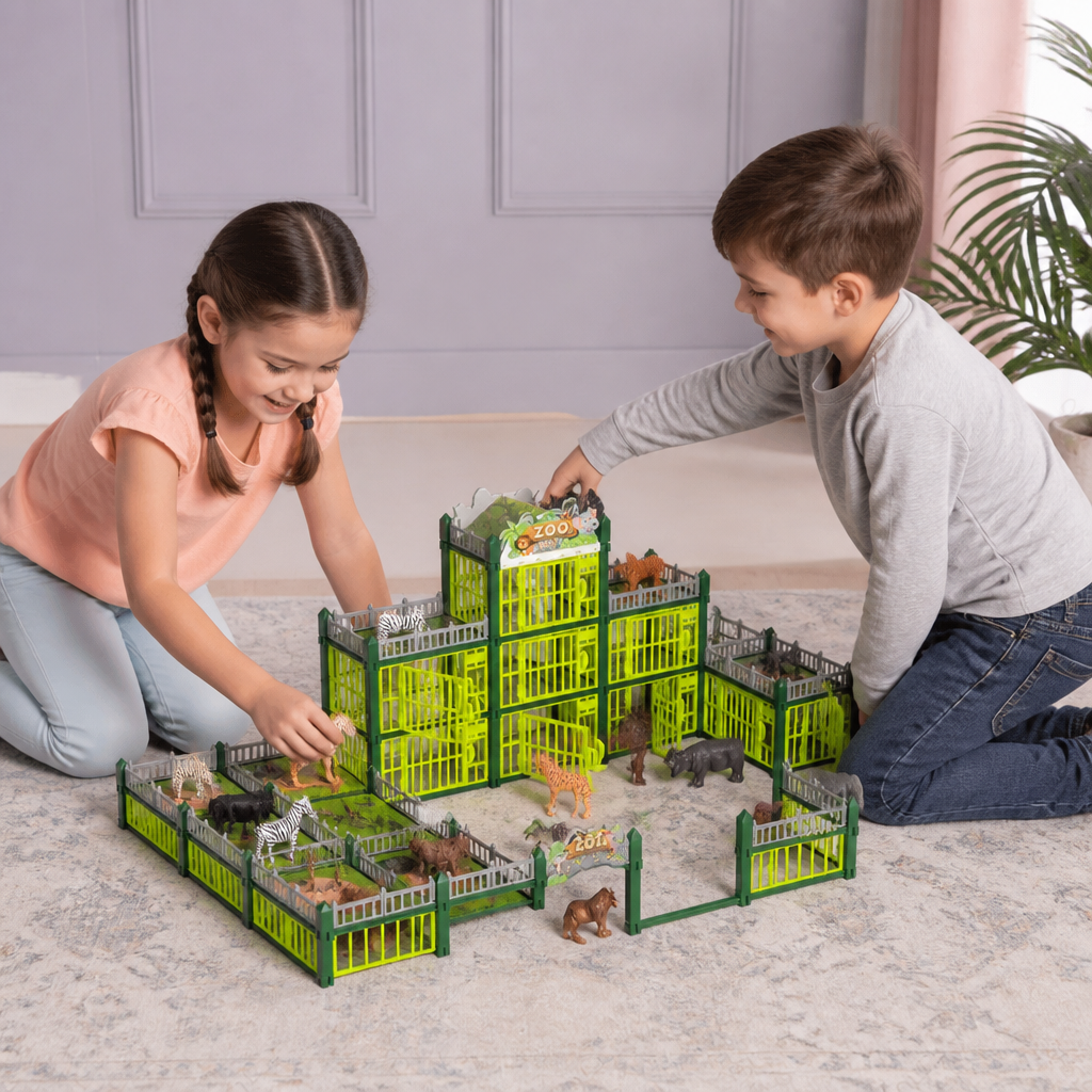 Set da Gioco Modulare per Costruire il Proprio Zoo con Figure di Animali e Gabbie Interattive