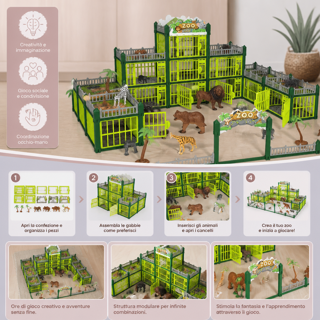 Set da Gioco Modulare per Costruire il Proprio Zoo con Figure di Animali e Gabbie Interattive