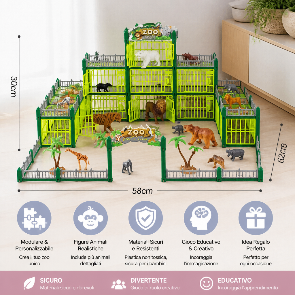 Set da Gioco Modulare per Costruire il Proprio Zoo con Figure di Animali e Gabbie Interattive